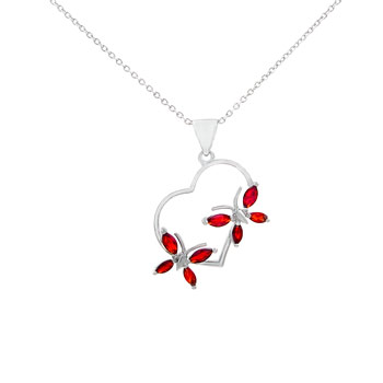 Sterling Silver Cubic Zirconia Garnet CZ Butterfly & Heart Pendant