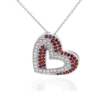 Sterling Silver Cubic Zirconia  CZ & Garnet  Heart Pendant