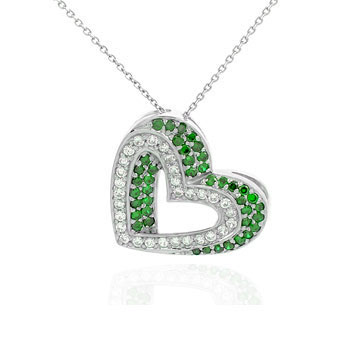 Sterling Silver Cubic Zirconia  CZ & Green  Heart Pendant