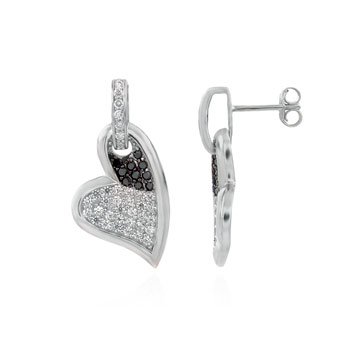925 Silver Heart Shape Black & Clear Round CZ Earrings