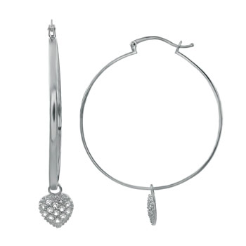 Sterling Silver 40mm Plain Hoop & White Topaz Pave Setting Heart Earring