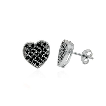 Sterling Silver Heart Shape Cubic Zirconia Black Round CZ Earrings