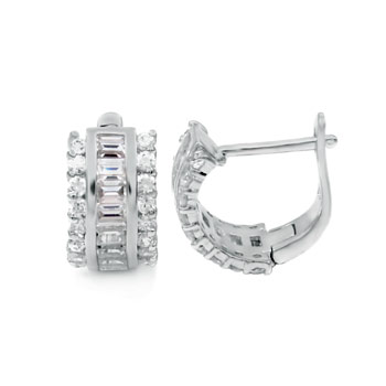 Sterling Silver Cubic Zirconia Baguett & Round CZ Huggie Earrings