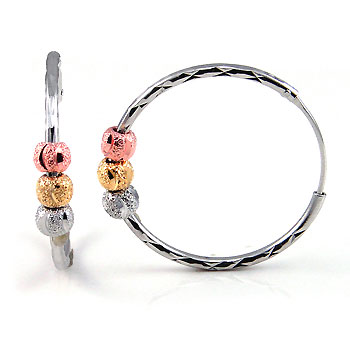 Sterling Silver Tri Colors D/C Hoop Earrings W/Rhodium 