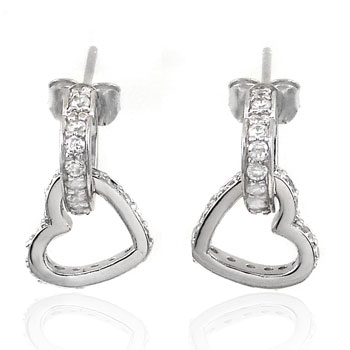 Sterling Silver  Double Heart Dangle CZ Earrings W/ Rhodium 