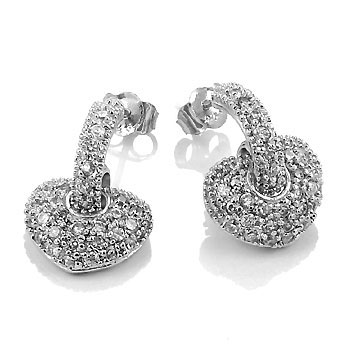 Sterling Silver  Pave' Setting Heart Dangle CZ Earrings W/ Rhodium 