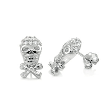 Sterling Silver Cubic Zirconia Skull And CrossBornes CZ  Earrings
