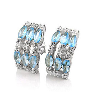Sterling Silver Cubic Zirconia Cz &  Aqua Earrings W/ Rhodium 