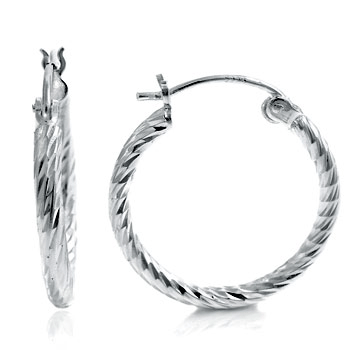 Sterling Silver Round Hoop Diamond Cut Earrings
