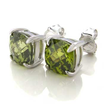 Sterling Silver Cushion-Cut GemStone Olive Stud Earrings