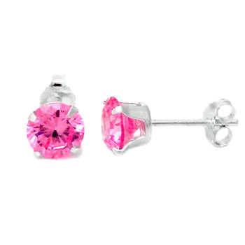 Sterling Silver Cubic Zirconia CZ round Pink color Stud Earrings