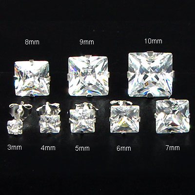 Sterling Silver Cubic Zirconia CZ Princess Snap Stud Earrings