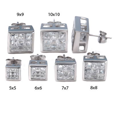 Sterling Silver Cubic Zirconia CZ Square Invisible Bezel Stud Earrings